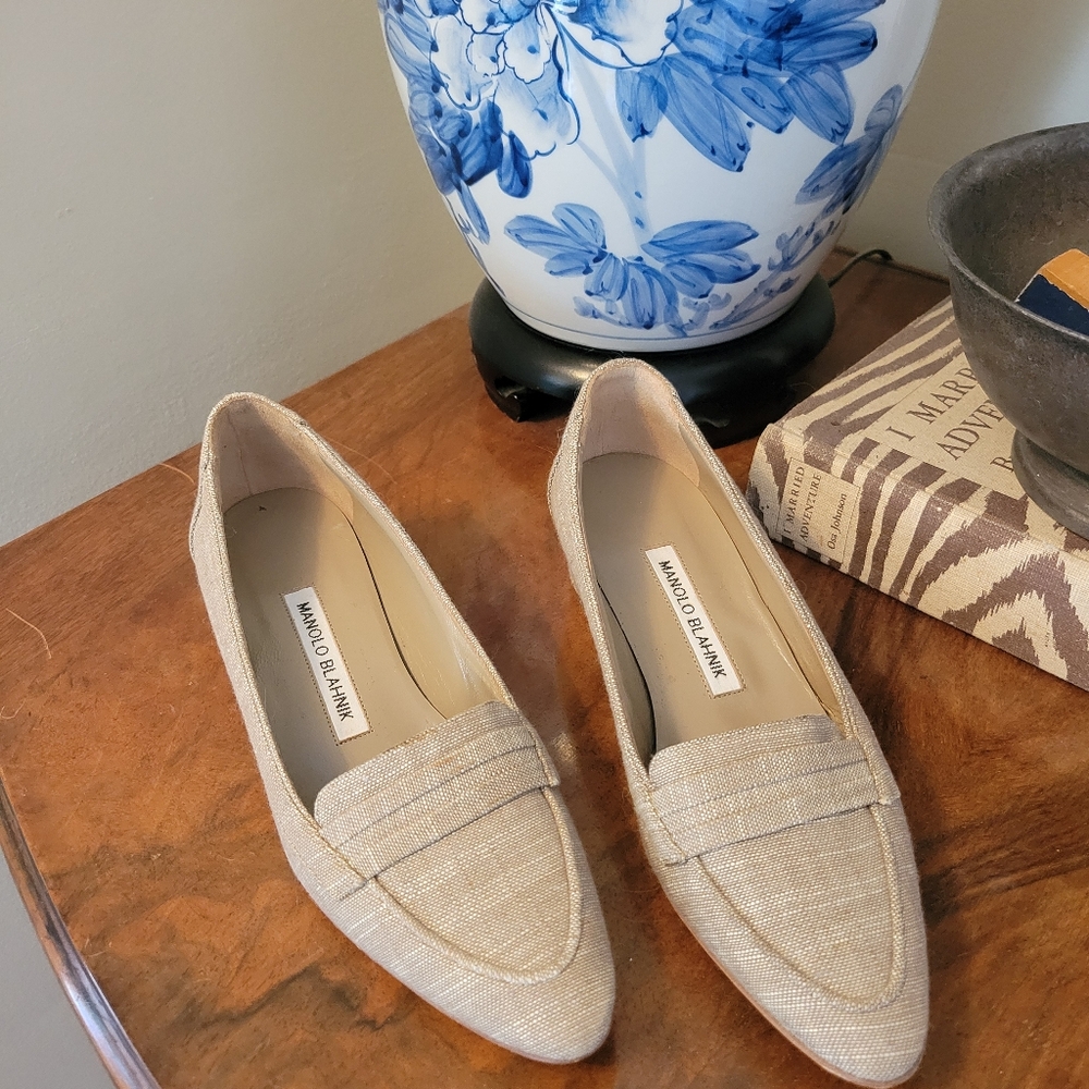 Manolo Blahnik Tan Linen Loafers for Women